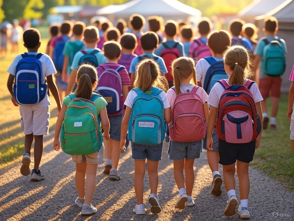 a group of children wearing backpacks walking towards school camp